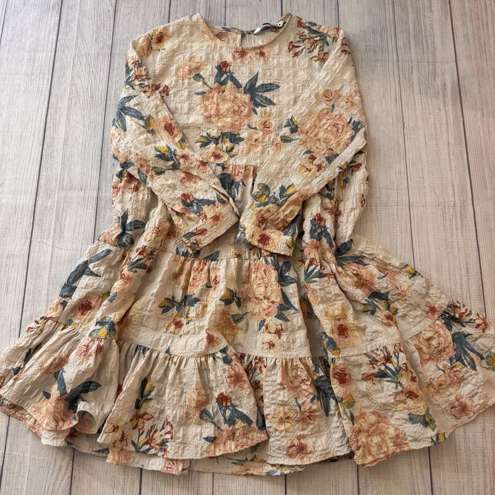 Zara The Sharon Multicolored Floral Print Textured Tiered Babydoll Dress Medium